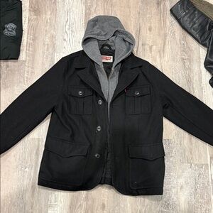 Levi's Black Pea Coat with Gray Attached Hood